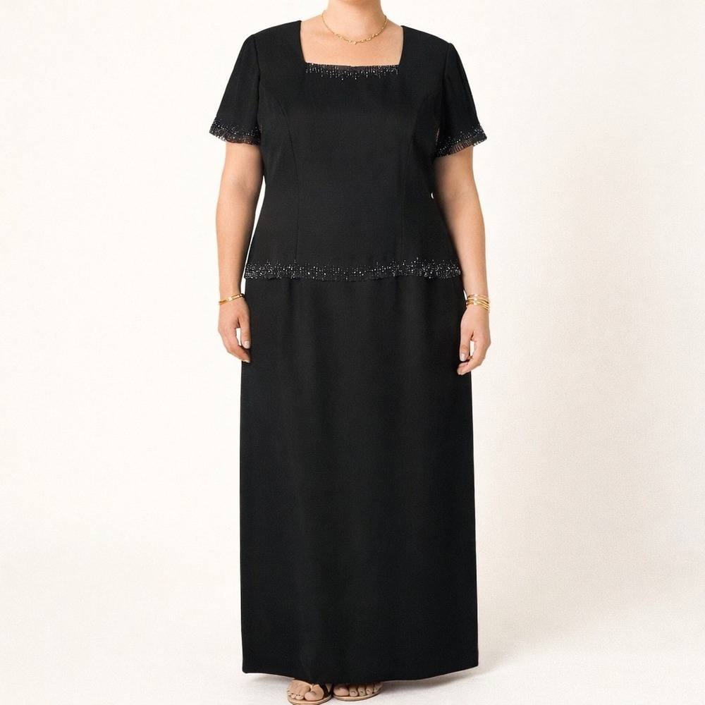 Vintage Positive Attitude Black Beaded Maxi Dress Size 14 Large Old Money Glam